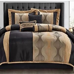 Black and Gold Comforter Set with Patterned Runner and Decorative Pillows